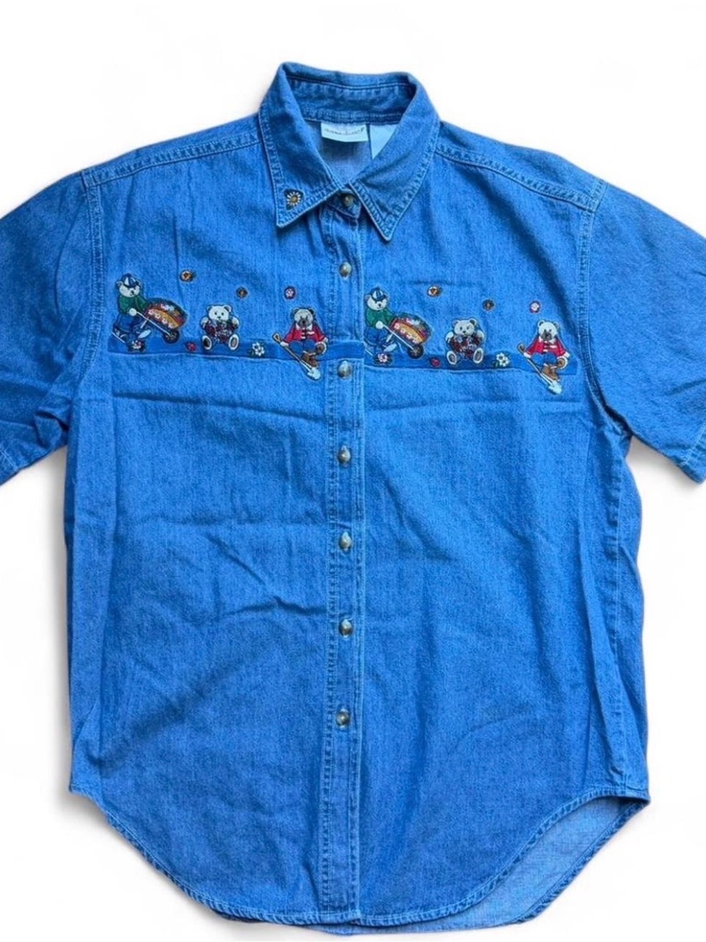 Vintage Women's Denim Shirt Embroidered Gardening Teddy Bears small